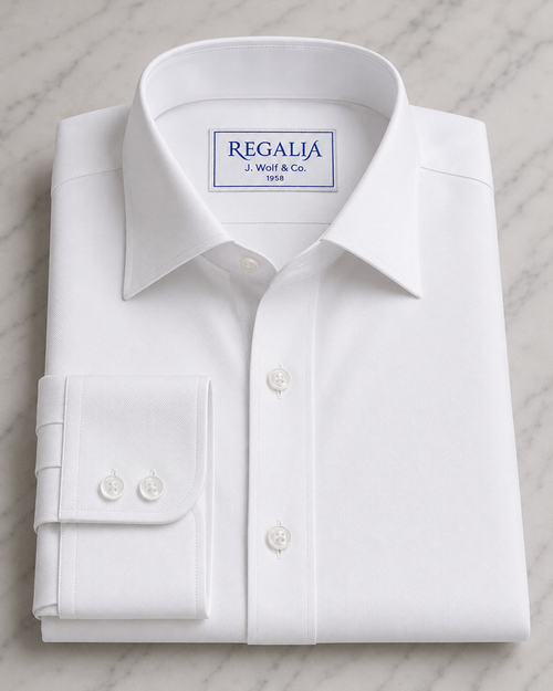 REGALIA Dobby White Non-Iron Shirt — Right Over Left—